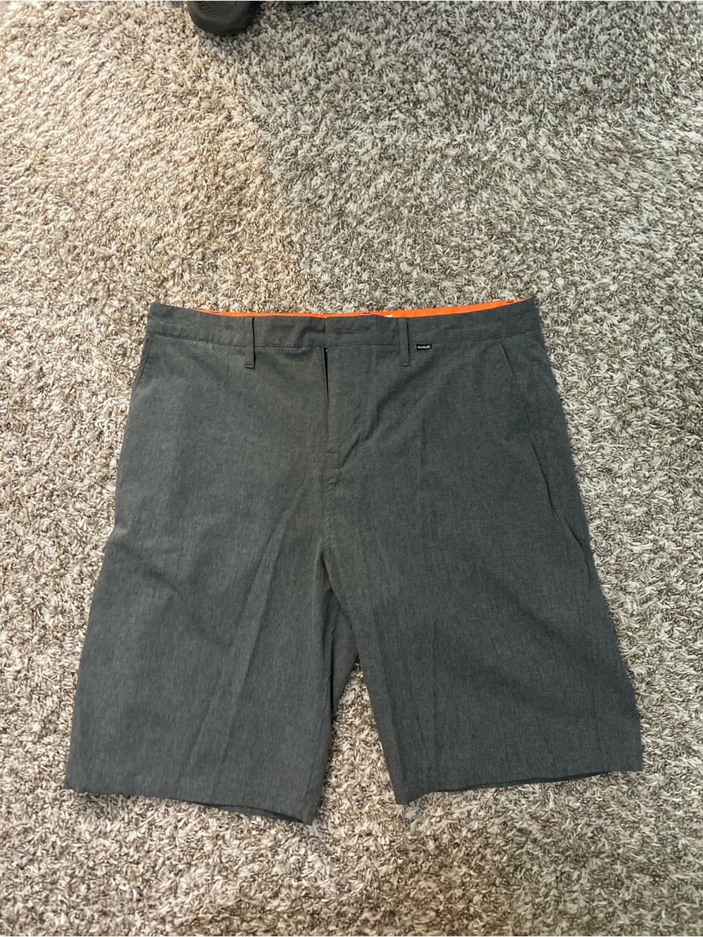 Hurley Men's Gray Flat Front Shorts with Orange Waistband Accent
